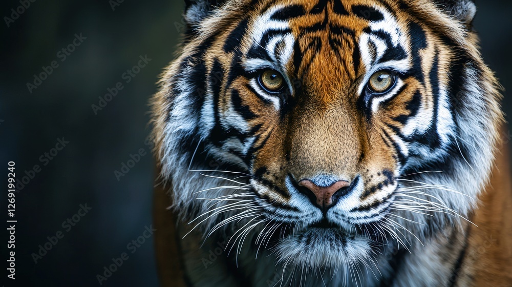 Naklejka premium Majestic Tiger Staring Intently at the Camera with Striking Eyes and Detailed Fur Patterns in Realistic Photography