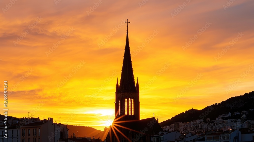 Naklejka premium Sunset silhouette of a historic church spire cityscape photography urban environment dramatic viewpoint