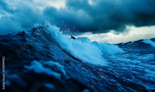 Surfer daringly riding a colossal turquoise wave under ominous skies photo