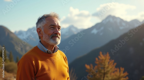 A man with a beard and gray hair is smiling at the camera. He is wearing a yellow sweater and is standing on a mountain
