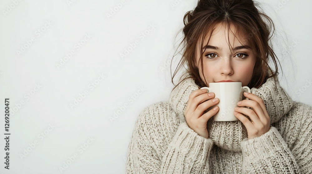 Cozy winter portrait of young woman drinking coffee in oversized knit sweater, casual lifestyle moment with hot beverage and warm clothing, serene atmospheric composition isolated on white background Cozy winter portrait of young woman drinking coffee in oversized knit sweater, casual lifestyle moment with hot beverage and warm clothing, serene atmospheric composition isolated on white background