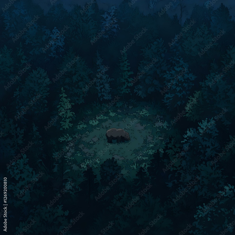 The image depicts a dark forest with a solitary tree standing out, surrounded by a dense thicket of trees and shrubbery.