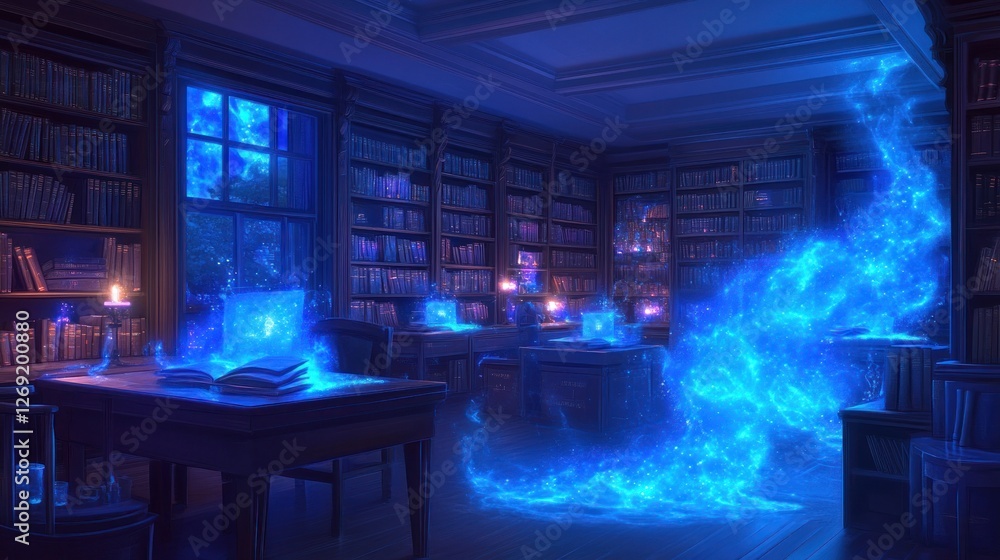 Mystical blue energy flows through a dimly lit library filled with books, desks, and glowing laptops. Mystical blue energy flows through a dimly lit library filled with books, desks, and glowing laptops.