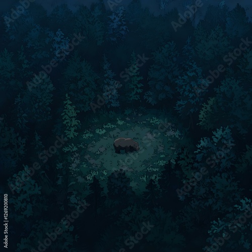 Obraz na płótnie The image depicts a dark forest with a solitary tree standing out, surrounded by a dense thicket of trees and shrubbery. w salonie
