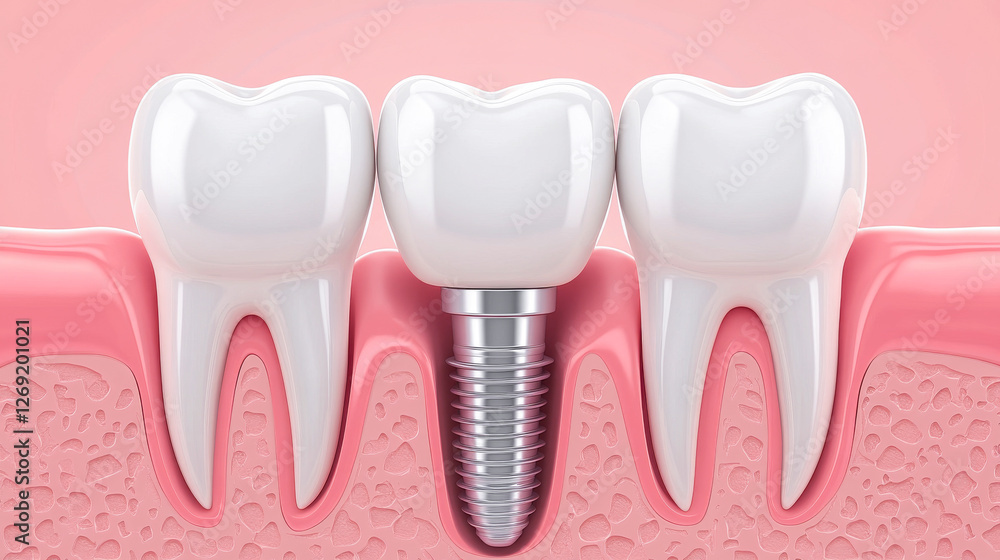 Dental implant in teeth model for dentist. Artificial tooth roots into jaw. Root canal of dental treatment Dental implant in teeth model for dentist. Artificial tooth roots into jaw. Root canal of dental treatment