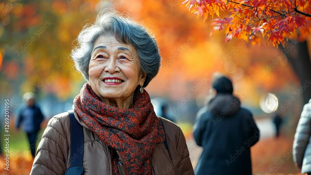 Woman with a scarf and a backpack is smiling in front of a tree with orange leaves. The scene has a warm and inviting mood, with the woman looking happy and content Woman with a scarf and a backpack is smiling in front of a tree with orange leaves. The scene has a warm and inviting mood, with the woman looking happy and content