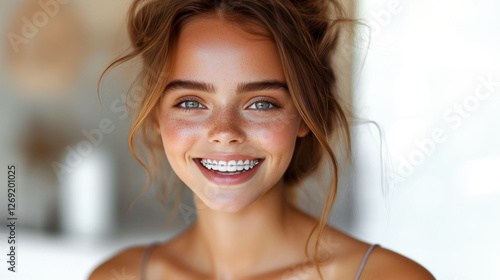 Close up portrait healthy female with Brackets on Teeth. Beauty woman smile with orthodontic accessories. Orthodontics treatment and Dental care concept	