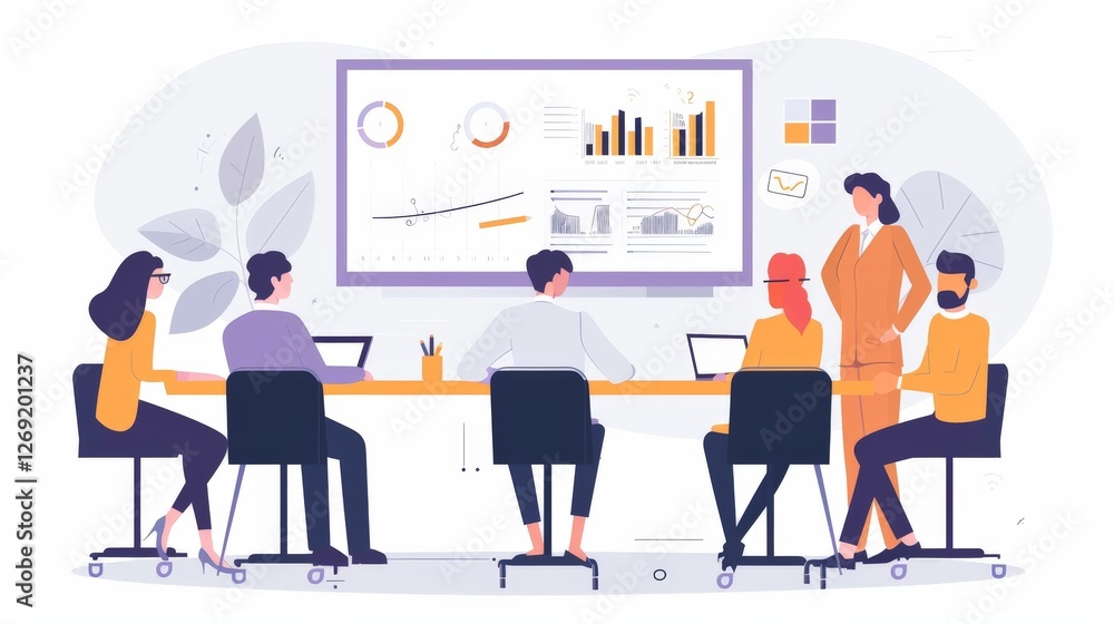 Team meeting around a conference table with a presentation screen Team meeting around a conference table with a presentation screen