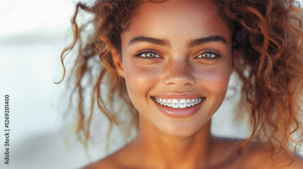 Close up portrait healthy female with Brackets on Teeth. Beauty woman smile with orthodontic accessories. Orthodontics treatment and Dental care concept