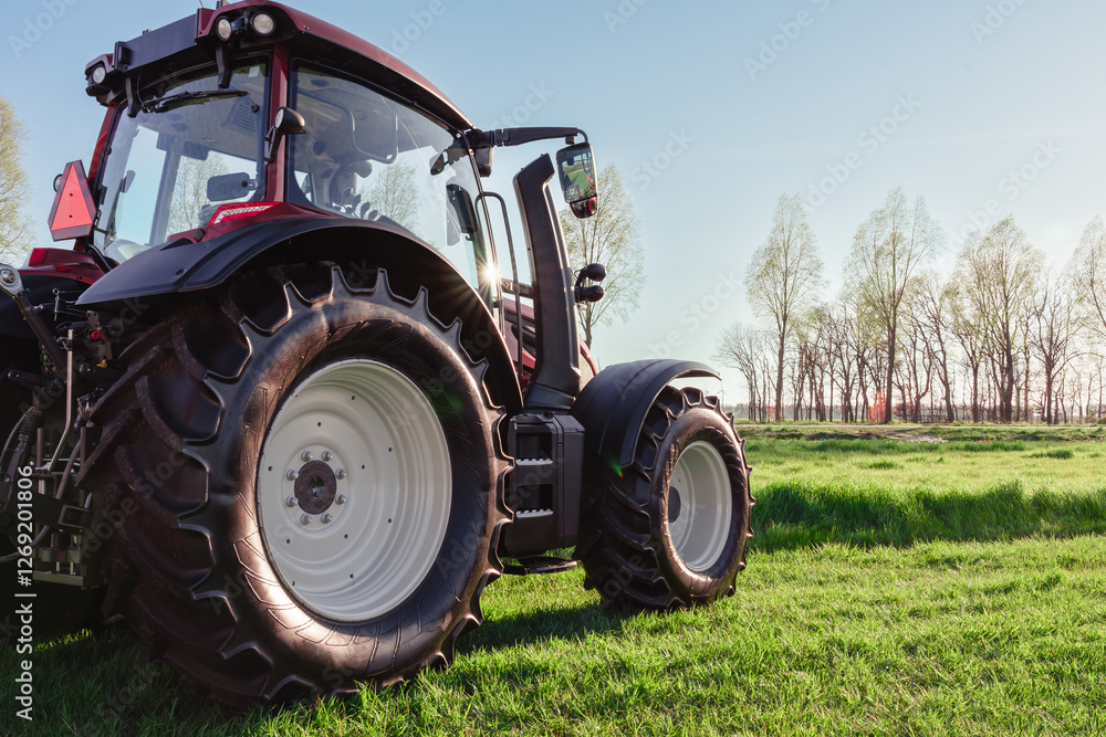 Modern Red Tractor Ready For Work In The Field Modern Red Tractor Ready For Work In The Field