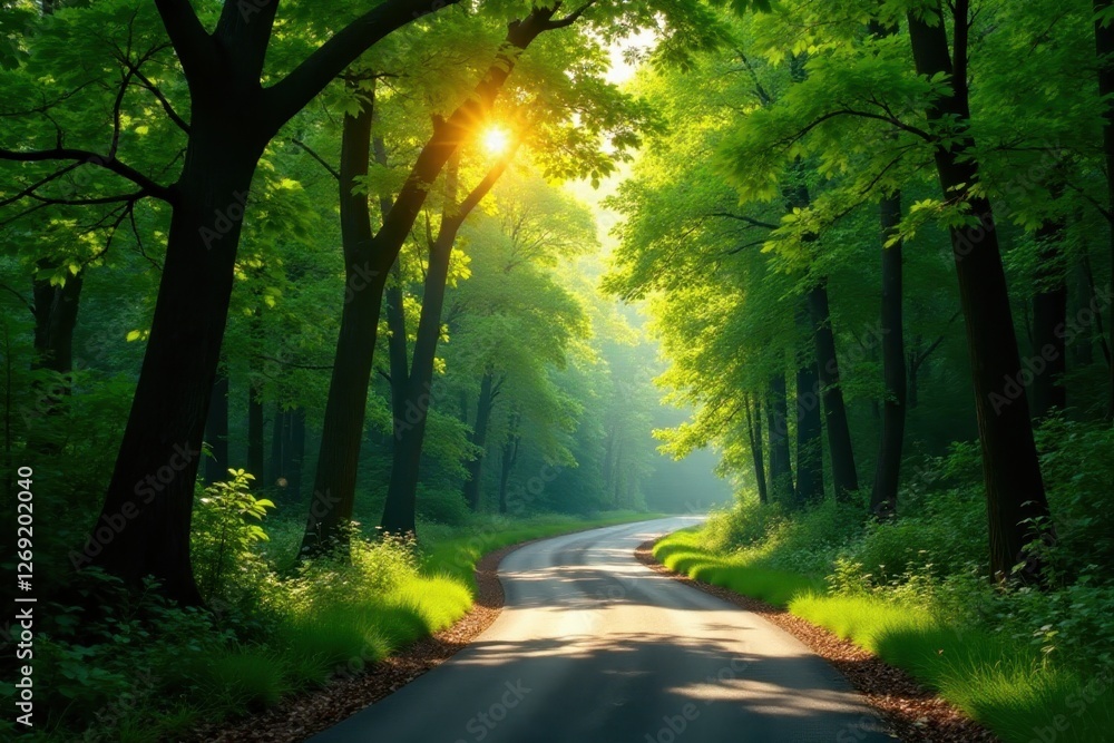 Obraz premium Sun-dappled forest canopy, winding road below, winding path, forest