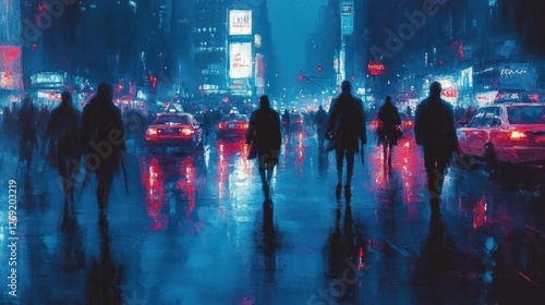 Rainy night city street, pedestrians walking amidst glowing lights and reflections.