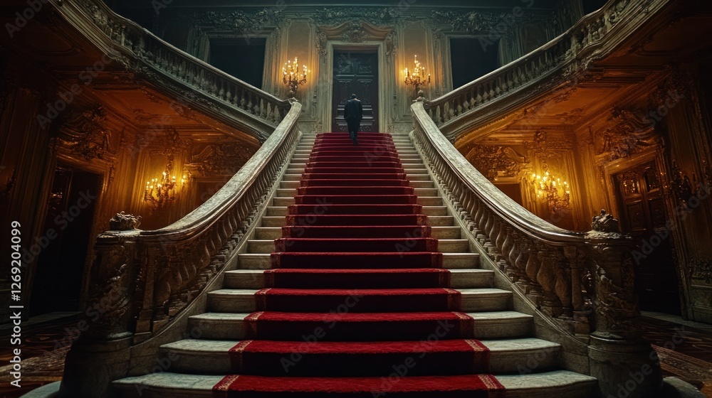 Obraz premium Man ascending grand, ornate staircase with red carpet in opulent palace.