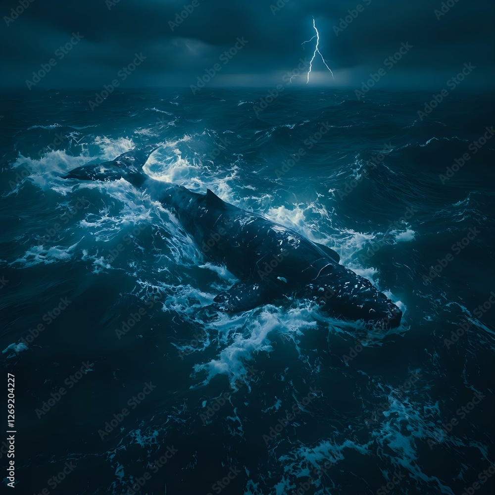 Naklejka premium A dramatic photograph captures a massive whale thrashing through tumultuous ocean waves under a dark, stormy sky, with a bolt of lightning striking in the background.