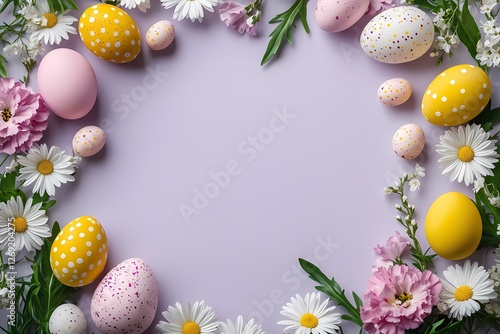 Painted Easter eggs with circle real flower floral frame. A circular border on pastel purple background, top view. Easter background.