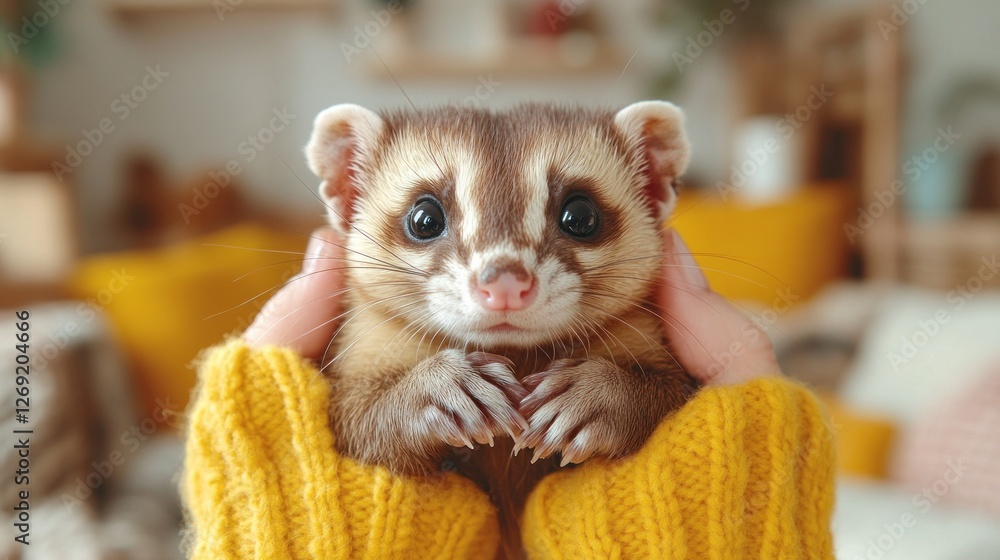 Adorable ferret held gently in yellow knitted sweater sleeves. Adorable ferret held gently in yellow knitted sweater sleeves.