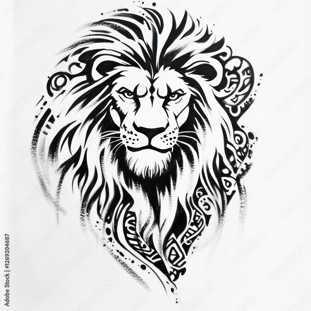 Fototapeta premium Fierce lion head with elaborate design, symbol of strength, displayed on white background, ideal for illustration use
