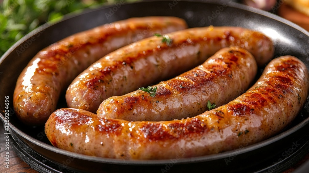 Juicy sausages sizzling in a skillet, showcasing a delicious meal preparation. Juicy sausages sizzling in a skillet, showcasing a delicious meal preparation.