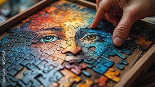 Wallpaper Mural Close-up of a hand placing the last piece of a vibrant, cosmic-themed jigsaw puzzle depicting a woman's face. Torontodigital.ca