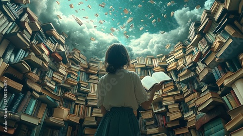 Woman surrounded by books, reading amidst a swirling sky of books.