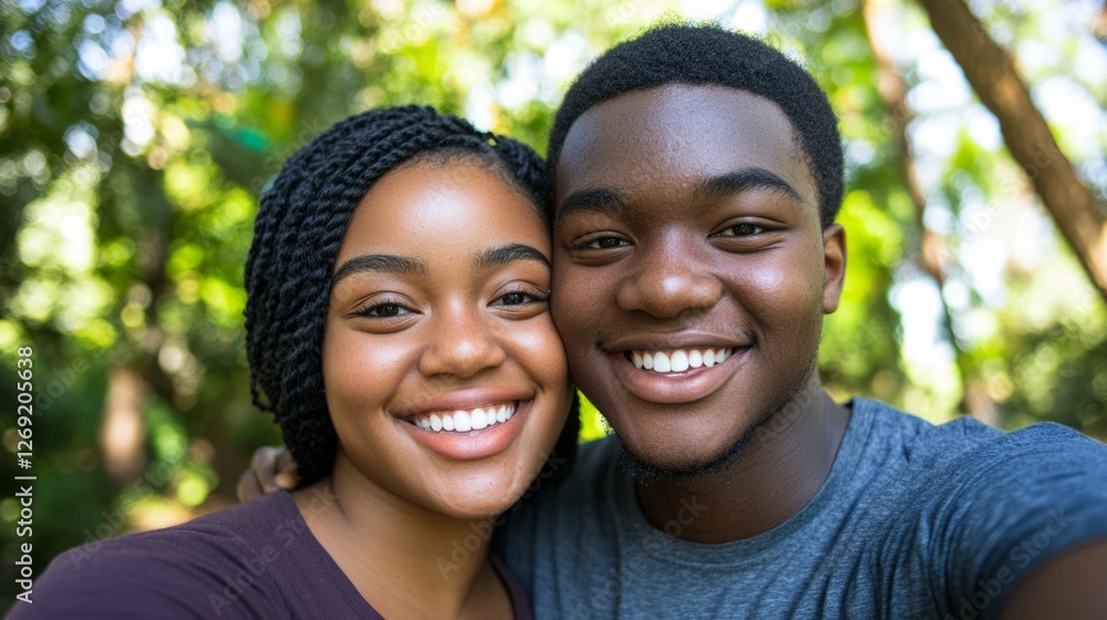 Closeup shot of a young attractive couple taking a happy selfie in a park Closeup shot of a young attractive couple taking a happy selfie in a park