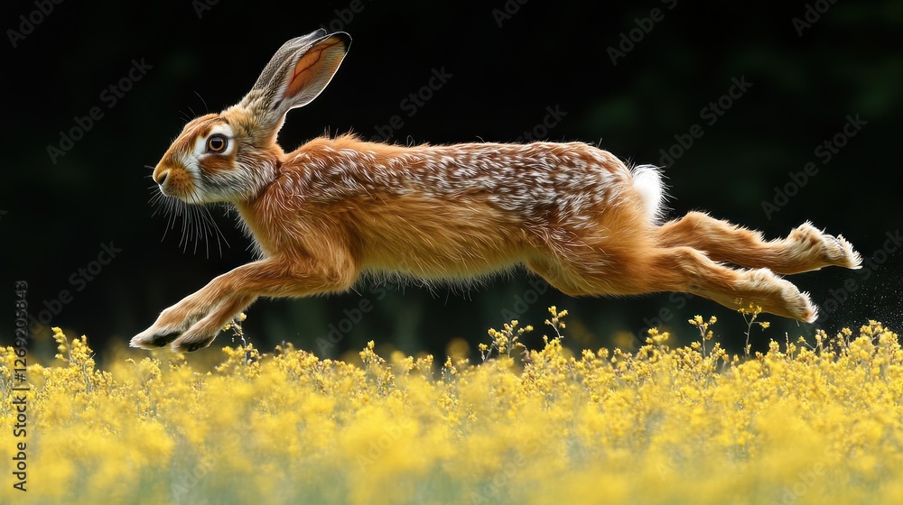 Obraz premium Brown hare leaping across vibrant yellow wildflowers.