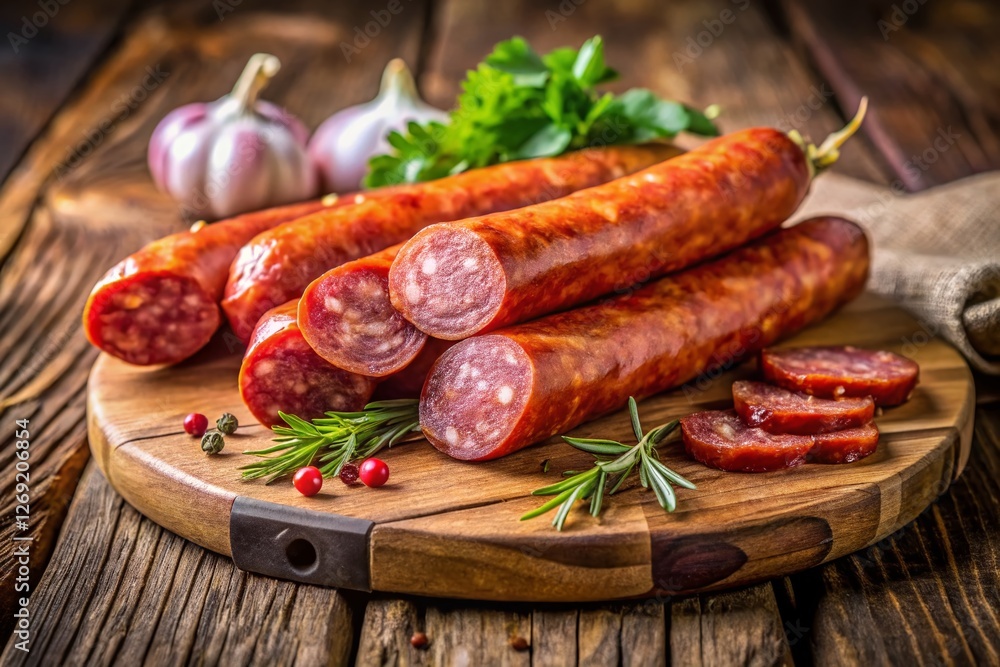 Spicy Dry Cured Sausage, Cabanossi, Close-up Studio Shot on Wooden Board Spicy Dry Cured Sausage, Cabanossi, Close-up Studio Shot on Wooden Board