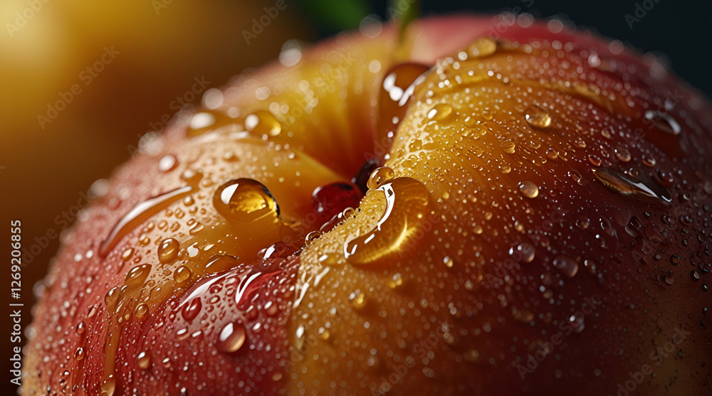 Super close-up of a drop of water flowing down the side of a ripe red juicy peach. High quality 4k footage,generative.ai
Super close-up of a drop of water flowing down the side of a ripe red juicy peach. High quality 4k footage,generative.ai