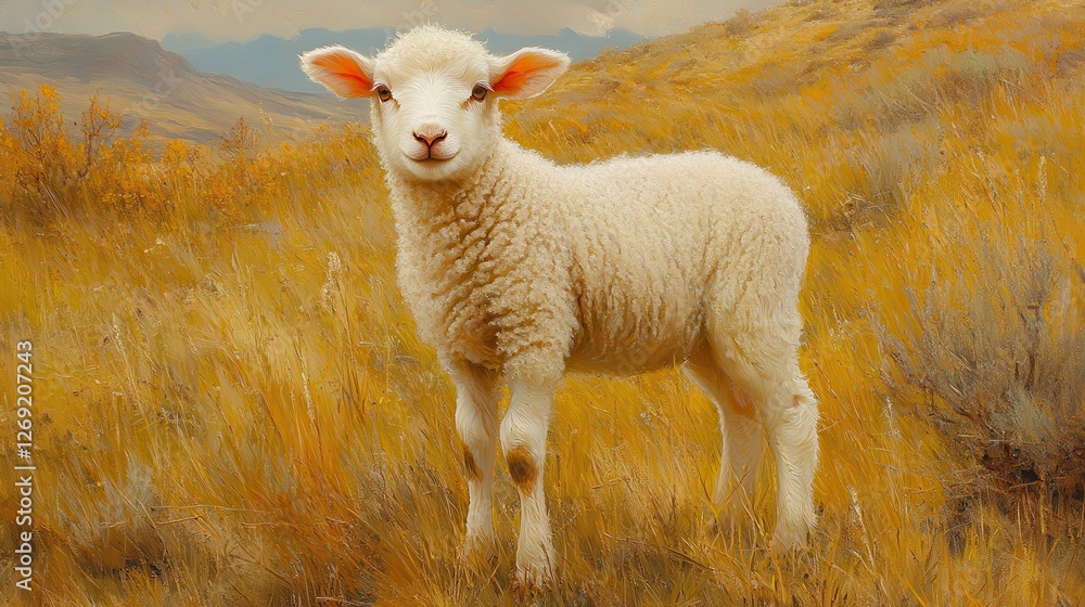 Lamb in autumn field, mountains background Lamb in autumn field, mountains background