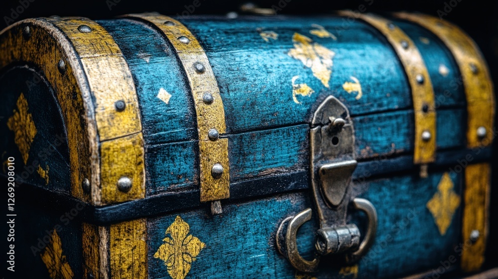 Antique teal wooden chest with gold accents, ornate details, and metal clasps. Antique teal wooden chest with gold accents, ornate details, and metal clasps.