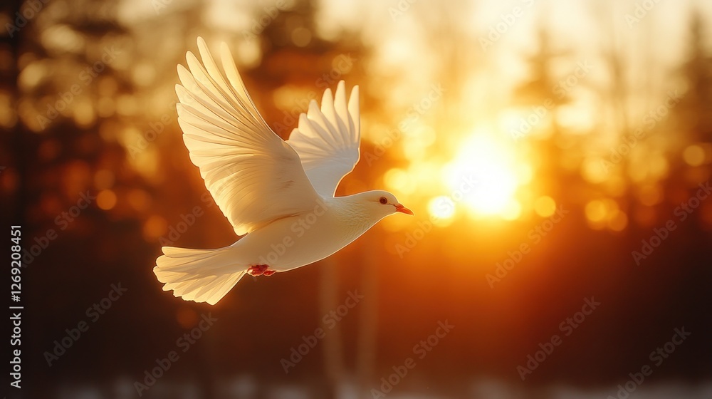 Fototapeta premium White dove in flight at sunset.