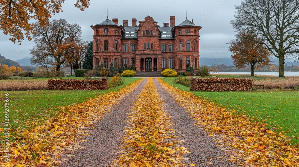 Obraz premium Autumnal Manor House Driveway, Lake View, Fall Foliage, Landscape Photography