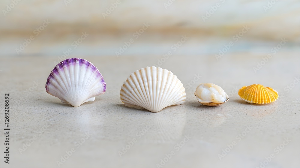 Colorful Collection of Sea Shells Arranged on Light Surface Colorful Collection of Sea Shells Arranged on Light Surface