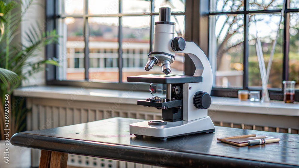 Fototapeta premium A modern microscope on a wooden table, surrounded by natural light and greenery, ideal for scientific exploration.