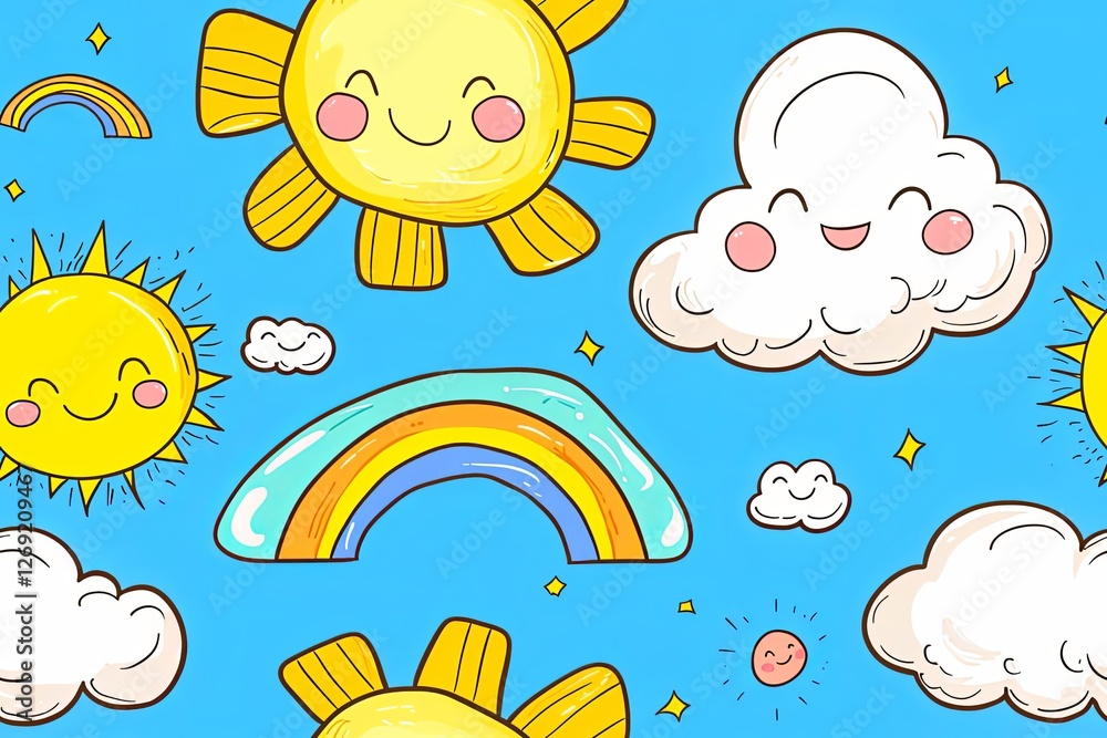 Rainbows, clouds, and sun with smiling faces, doodle-style seamless pattern. Rainbows, clouds, and sun with smiling faces, doodle-style seamless pattern.