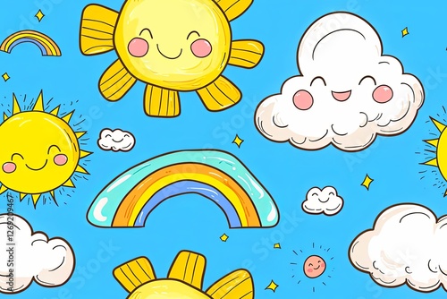 Rainbows, clouds, and sun with smiling faces, doodle-style seamless pattern.