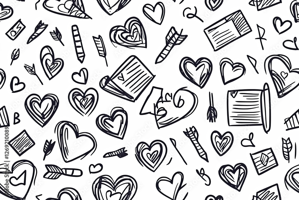 Naklejka premium Hearts, arrows, and love notes, simple doodle seamless pattern.