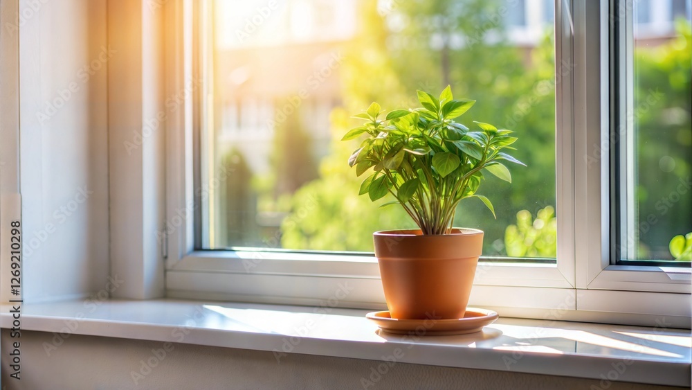 Green potted plant on a windowsill, basking in warm sunlight. Green potted plant on a windowsill, basking in warm sunlight.