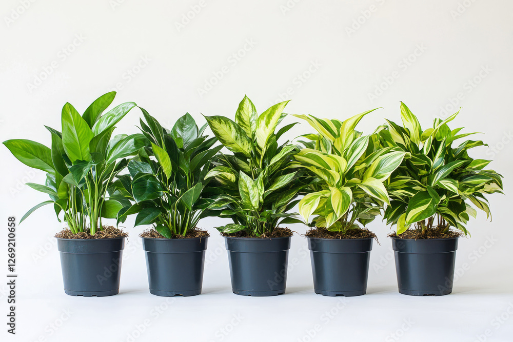 Fototapeta premium five potted indoor plants with lush green leaves arranged in a row against a white background, symbolizing nature, freshness, and home decor