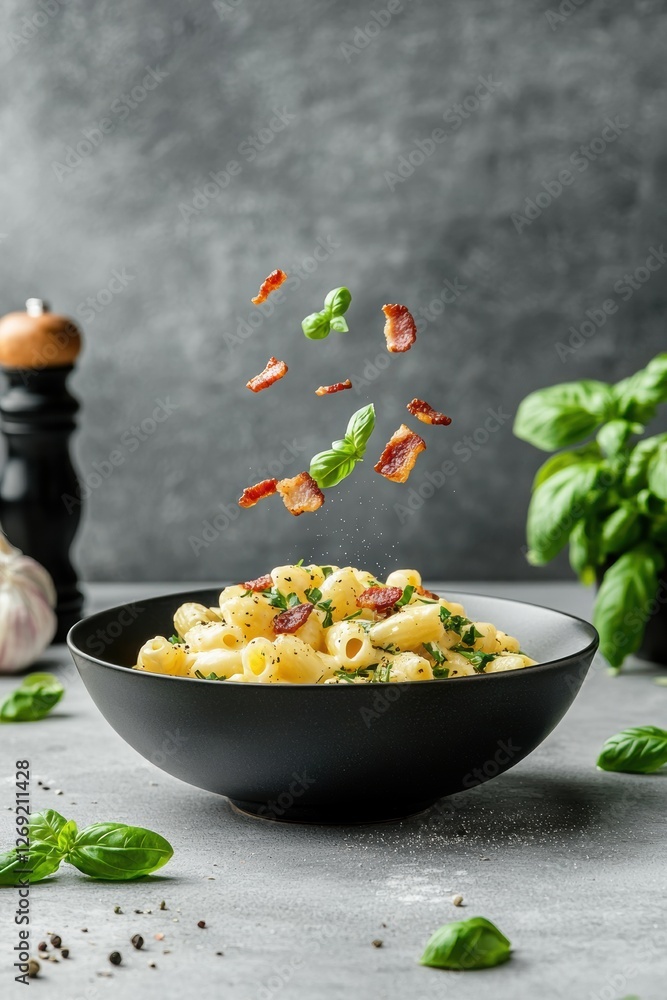 A bowl of pasta topped with flying vegetables, surrounded by basil leaves and garlic, set against a textured gray backdrop. A bowl of pasta topped with flying vegetables, surrounded by basil leaves and garlic, set against a textured gray backdrop.
