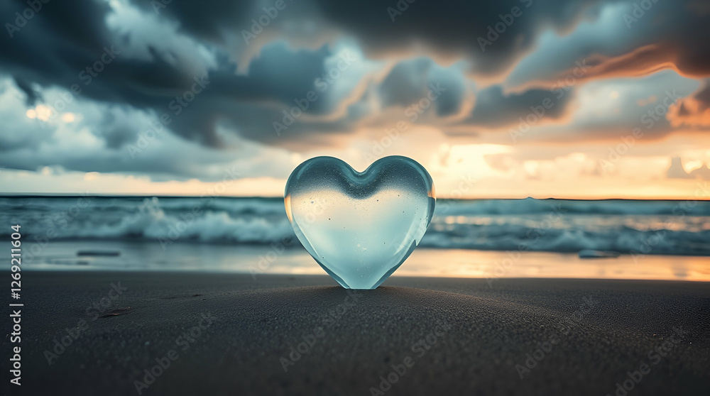 Fototapeta premium Translucent Heart on Sandy Beach Glows in Sunrise Light, Reflecting Romance and Serenity in Peaceful Ocean Setting with Warm Pink and Orange Sky.