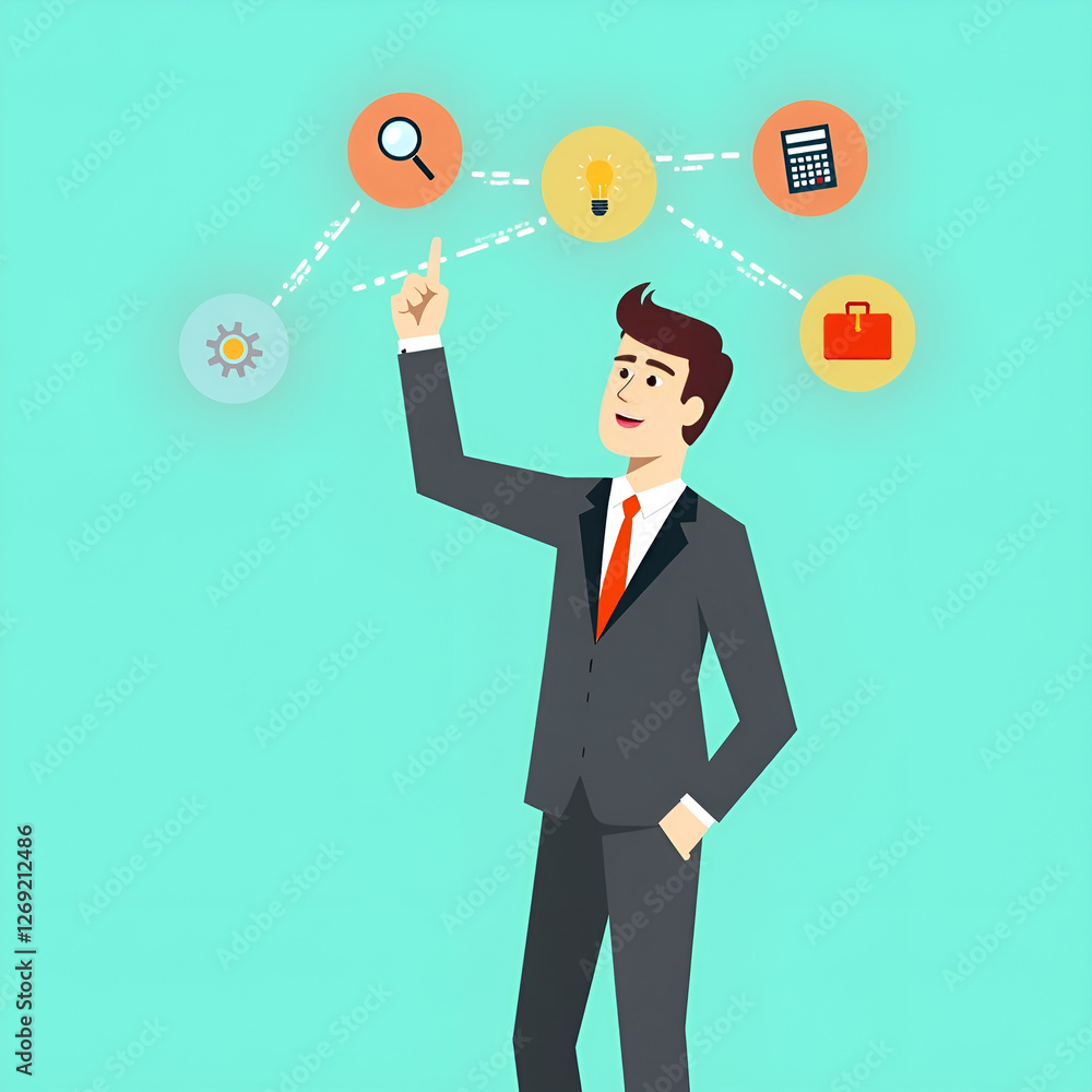 A leader dressed in suit gesturing with various business icons (bulb, le, calculator, briefcase and gear), symbolizing business creativity and success. A leader dressed in suit gesturing with various business icons (bulb, le, calculator, briefcase and gear), symbolizing business creativity and success.