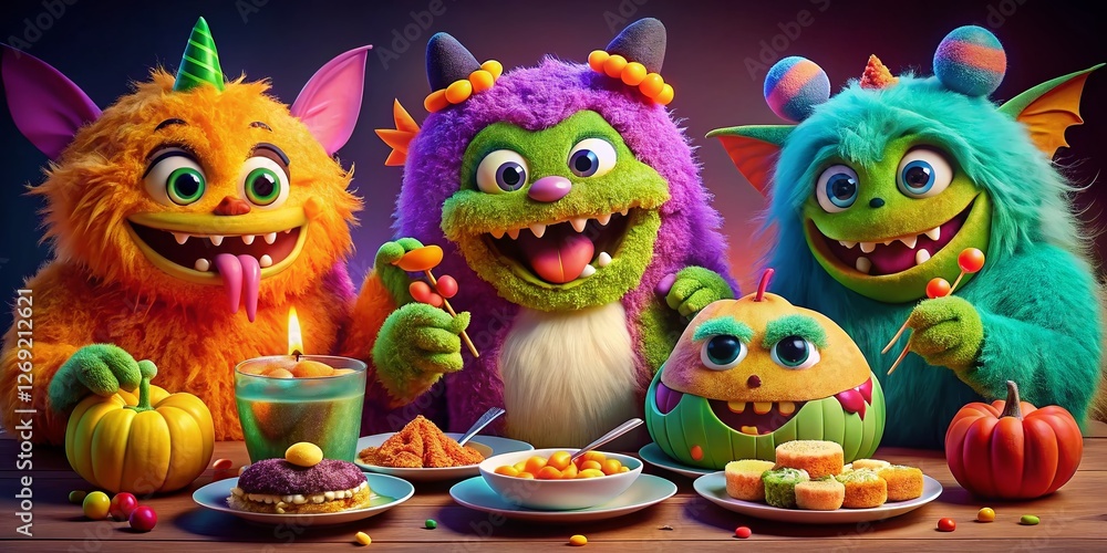 Fototapeta premium Spooky Monster Feast: A Halloween Food Photography Set of Four Cute Monsters Enjoying a Delicious Meal