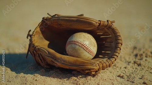 Baseball in glove on sandy field, game paused photo