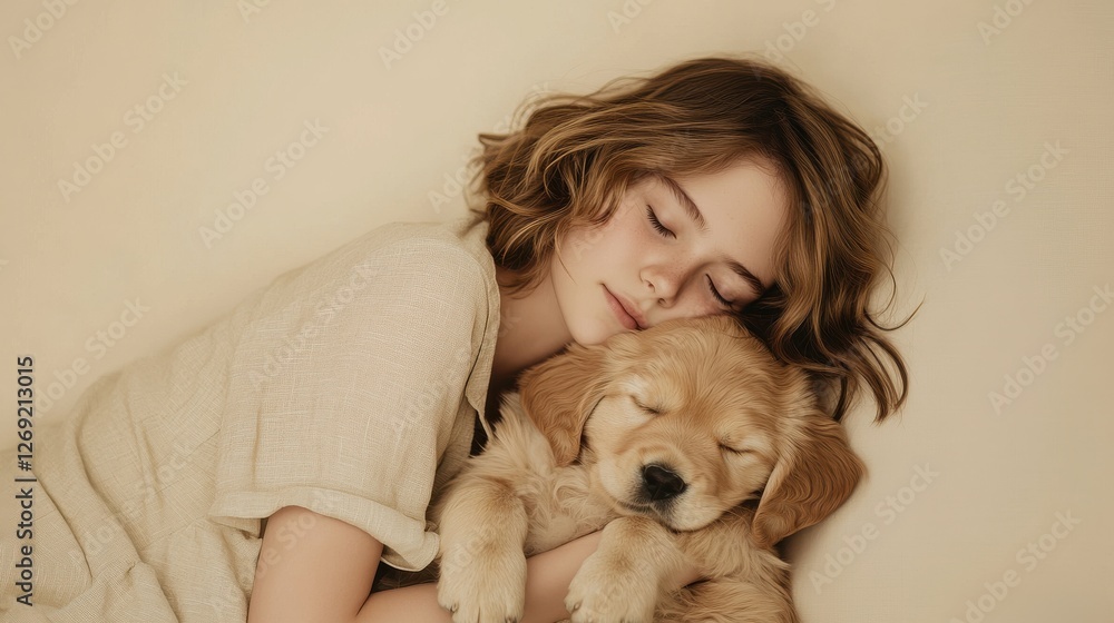 Girl Tenderly Hugging a Puppy, Minimalist Portraits of Comfort and Connection Girl Tenderly Hugging a Puppy, Minimalist Portraits of Comfort and Connection