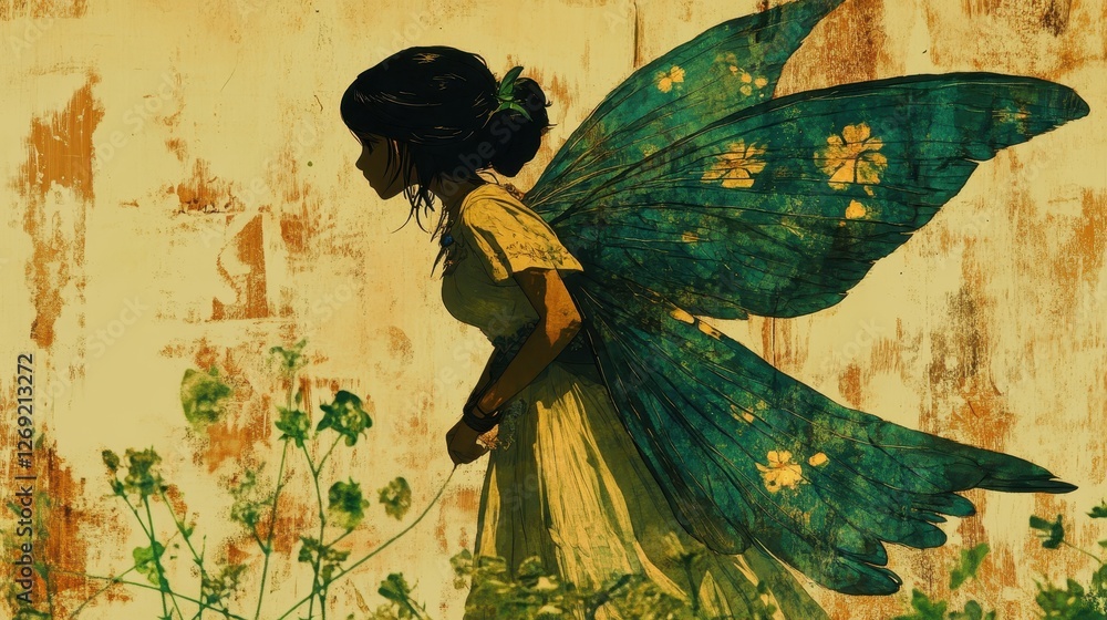 Fototapeta premium Fairy girl tending plants, weathered wall background, fantasy art