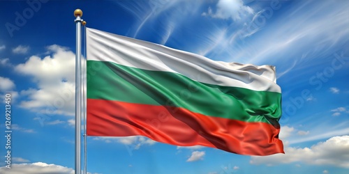 The Bulgarian flag waving proudly against a backdrop of bright blue skies and fluffy clouds.