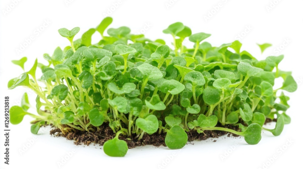Fresh microgreens on soil, white background, healthy food Fresh microgreens on soil, white background, healthy food