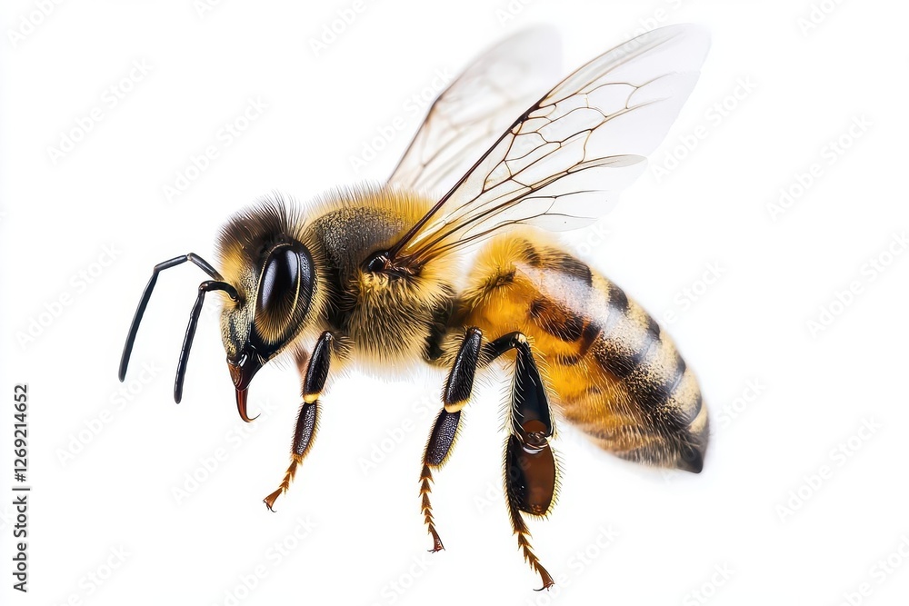 detailed macro shot of a honeybee in flight wings captured midmotion isolated on pure white background with perfect clarity detailed macro shot of a honeybee in flight wings captured midmotion isolated on pure white background with perfect clarity