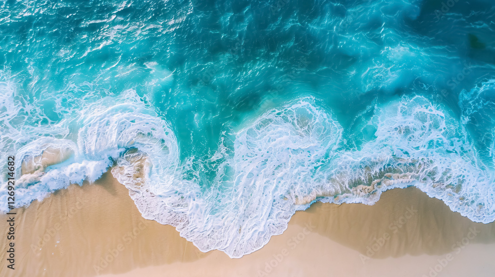 Top view of beach and waves with turquoise water background, showcasing a summer seascape from the air. Ideal for travel concepts. Top view of beach and waves with turquoise water background, showcasing a summer seascape from the air. Ideal for travel concepts.